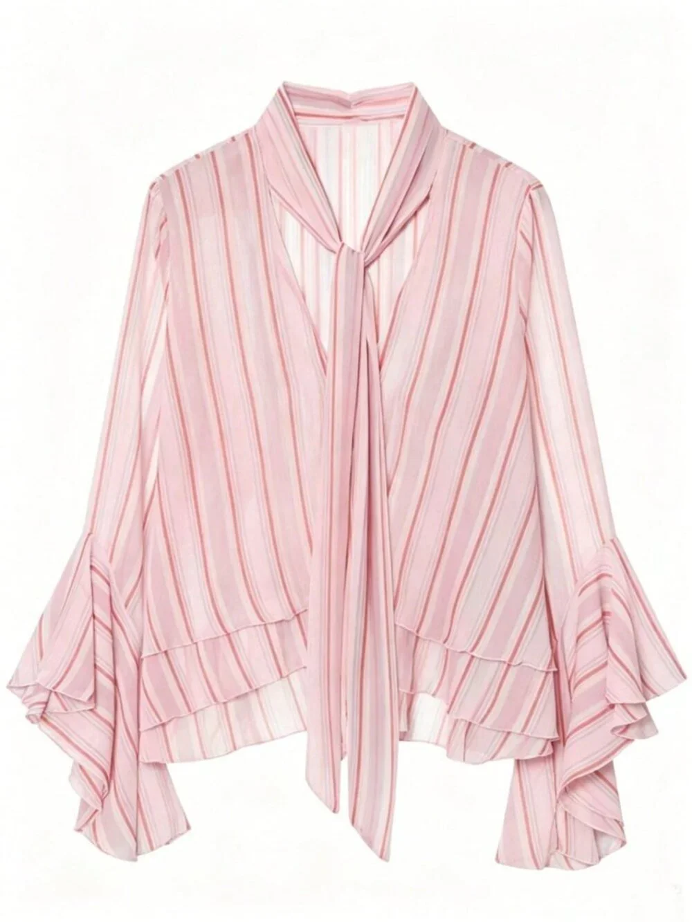 Baby Pink Casual Women's Striped Chiffon Blouse with Ruffle Trim